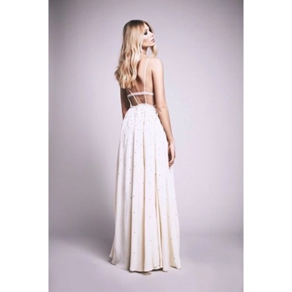 Free People Beaded Maxi Dress Ivory Open Back small Boho Wedding Guest